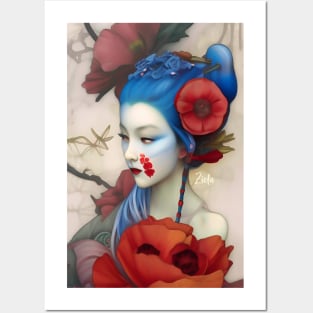 Dreamy Surreal Cute Japanese Girl with a floral design and flowers Posters and Art